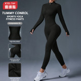 European and American autumn and winter one-piece sports yoga jumpsuit for women with zipper, stand-up collar, long sleeves, thumb holes, butt-lifting and tummy-control features