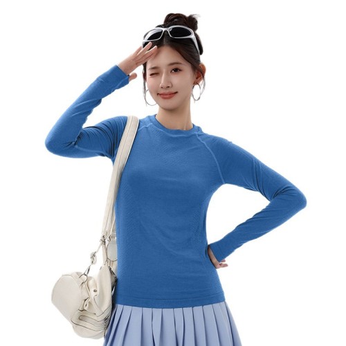 Tencel Merino Wool Long Sleeve Women's Base Layer Top with Round Neck, Thumb Hole, and Warm Inner Layer for Yoga