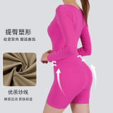New autumn and winter square-neck long-sleeve one-piece fitness shorts for women, butt-lifting and shaping, indoor sports tight-fitting yoga jumpsuit