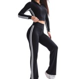 New cross-border yoga bell-bottom pants set for women, sports outdoor sun-protective long-sleeve jacket, casual striped long pants