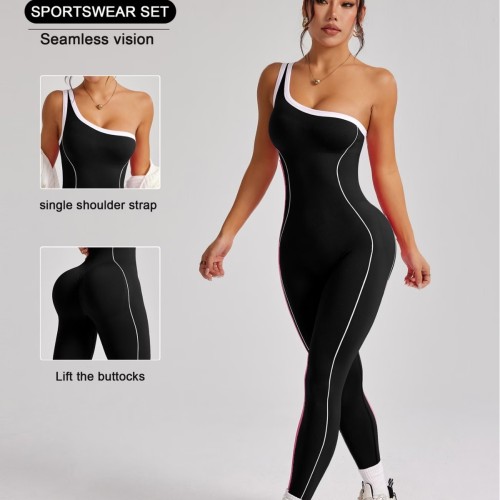 European and American cross-border bestseller seamless one-shoulder striped yoga jumpsuit, tight-fitting butt-lifting sports fitness wear for women
