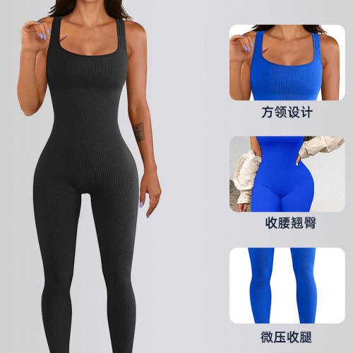 European and American cross-border peach-butt yoga jumpsuit with wide shoulder straps, removable chest pads, tight-fitting long one-piece fitness outfit