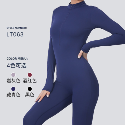 New cross-border product: Zippered, naked-feel long-sleeve yoga jumpsuit for women, high-intensity fitness sports tight-fitting one-piece gym outfit