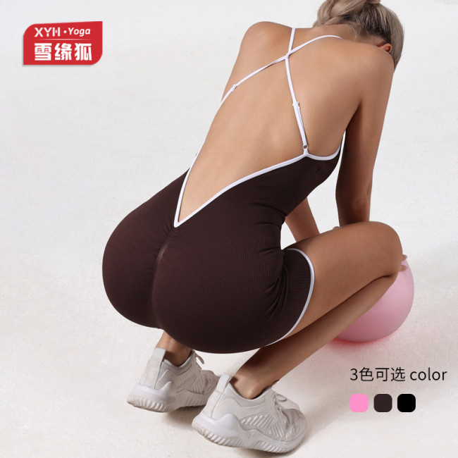 Women's one-piece outerwear jumpsuit with contrasting color straps, cross-back design, quick-dry, butt-lifting, fitness and yoga jumpsuit