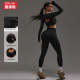 European and American style sports yoga outfit for women, featuring a cut-out back with lacing and thumb holes, long-sleeved top, and peach-butt fitness leggings