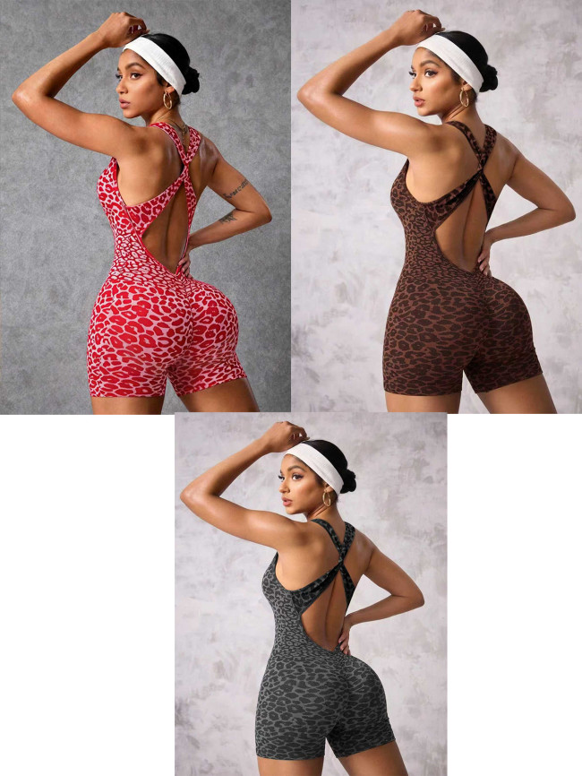Popular seamless yoga jumpsuit with removable chest pads, cross straps, and leopard print