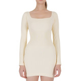 Cross-border autumn and winter new square-neck long-sleeve one-piece fitness short dress for women, peach butt-lifting tight-fitting sports one-piece short dress for women