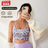 Spring/Summer New Cross-Strap Floral Print Daily Fitness Bra for Women, Push-Up Beauty Back Underwear Yoga Tank Top