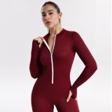 European and American autumn and winter one-piece sports yoga jumpsuit for women with zipper, stand-up collar, long sleeves, thumb holes, butt-lifting and tummy-control features