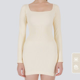 Cross-border autumn and winter new square-neck long-sleeve one-piece fitness short dress for women, peach butt-lifting tight-fitting sports one-piece short dress for women