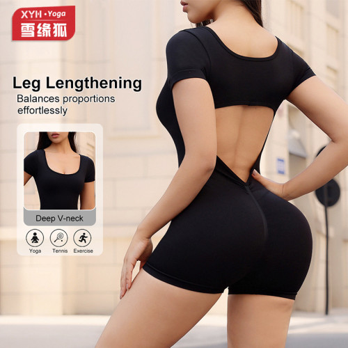 Shein U-neck cutout backless one-piece yoga short-sleeve women's tummy control peach butt fitness jumpsuit