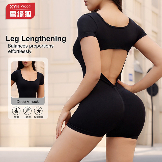 Shein U-neck cutout backless one-piece yoga short-sleeve women's tummy control peach butt fitness jumpsuit