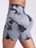 Xueyuanhu seamless tie-dye high-waisted tummy control yoga shorts for women, European and American fitness sports peach butt three-quarter shorts