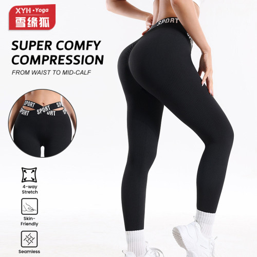 European and American seamless cross-waist yoga pants for women, slim-fit butt-lifting sports leggings, slimming fitness yoga leggings