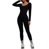 European and American style color-blocking long-sleeve one-piece yoga suit for women, outdoor slim-fit tummy control running sports butt-lifting jumpsuit