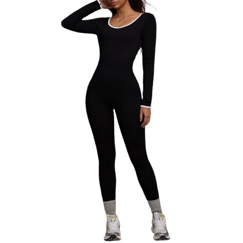 European and American style color-blocking long-sleeve one-piece yoga suit for women, outdoor slim-fit tummy control running sports butt-lifting jumpsuit