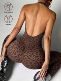 Trendy European and American leopard print backless one-piece yoga outfit for women, sexy backless tight-fitting fashionable sportswear for fitness