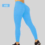 Cross-border solid color high-waisted tummy control fitness leggings for women, European and American style, ruched waistband, butt-lifting, shaping, naked-feel tight yoga pants