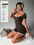 New European and American cross-border outdoor sports sexy slim-fit square-neck color-block short-sleeve ribbed yoga jumpsuit