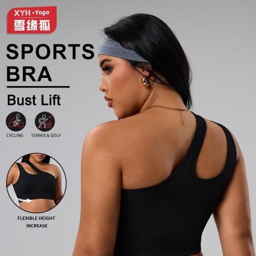 European and American plus-size one-shoulder ribbed sports yoga bra for women, breathable fitness top, T-shirt, tank top