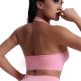 Seamless cross-border new model halter neck sports bra for women with removable pads, push-up underwear, solid color yoga sports tank top