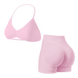 yoga sportswear set for women, camisole with beautiful back design, sports bra and shorts, outdoor fitness outfit set