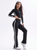 New cross-border yoga bell-bottom pants set for women, sports outdoor sun-protective long-sleeve jacket, casual striped long pants