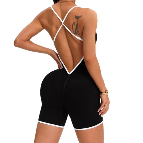 Women's one-piece outerwear jumpsuit with contrasting color straps, cross-back design, quick-dry, butt-lifting, fitness and yoga jumpsuit