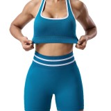 Seamless color-blocked sports yoga outfit for women, beautiful back sports bra, running fitness butt-lifting yoga shorts