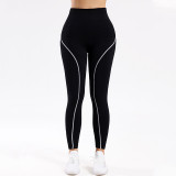 Popular color-blocked high-waisted ribbed yoga pants for women, suitable for running and fitness, peach butt tight-fitting sports leggings