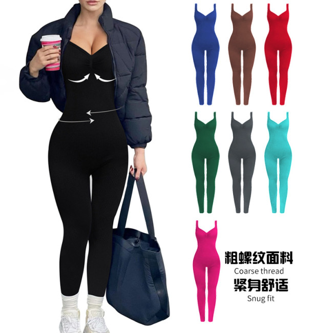 V-neck backless ribbed jumpsuit for women with fixed double shoulder straps, seamless body-shaping sports jumpsuit, butt-lifting yoga wear