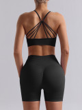 Seamless Beauty-Back Sports Bra and Shorts Set for Women, European and American Style, Cross-Border Shoulder-Strap Beauty-Back Yoga Outfit, Two-Piece Set with Three-Quarter Pants