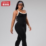 Plus-size European and American style color-blocked one-piece yoga jumpsuit for women with cross straps, beautiful back, waist-cinching, butt-lifting, fitness long jumpsuit