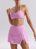 Nude-feel color-blocking sexy yoga set for women, tennis skirt, backless tight sports bra, fitness camisole underwear