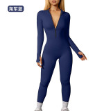European and American cross-border sports jumpsuit, body-shaping, tummy control, butt-lifting, ribbed, long-sleeved, zippered, casual, tight-fitting long pants jumpsuit