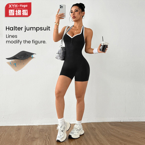 Two-tone halter neck backless one-piece yoga outfit for women with peach butt and heart-shaped neckline fitness jumpsuit