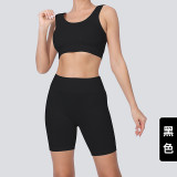 Cross-border seamless high-waisted yoga outfit for women, solid color knitted high-elastic ribbed butt-lifting sports running fitness short set