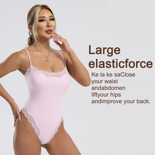 European and American cross-border nude-feel lace-trimmed bodysuit, skin-friendly, breathable, tight-fitting inner tank top with double-layer straps, shapewear