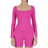 New autumn and winter square-neck long-sleeve one-piece fitness shorts for women, butt-lifting and shaping, indoor sports tight-fitting yoga jumpsuit