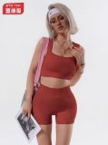 Seamless sports yoga shorts set for women, ribbed fitness outfit, outdoor sports tank top, peach butt shorts