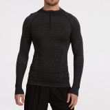 Cross-border seamless black half-zip long-sleeve sweatshirt for fitness training, base layer tight-fitting garment, outdoor zip-up sports shirt for men