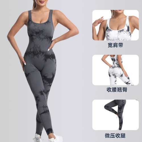 Seamless knitted tie-dye jumpsuit, European and American cross-border style, with removable chest pads, ribbed tight-fitting clothing for women