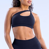 The same style of high-elasticity ultra-fine matte sports bra for women, with an off-shoulder design and open back, suitable for yoga, running, fitness, and sports training