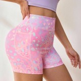 Spring new dopamine print tight yoga shorts for women, high-waisted tummy control fitness pants, butt-lifting running shorts for women