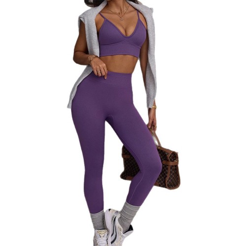 Cross-border sports yoga wear fitness workout set for women, including a deep V sports bra with straps and tummy control, butt-lifting yoga pants