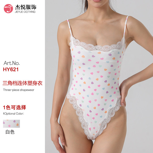 European and American cross-border triangle-cut one-piece shapewear with adjustable shoulder straps, slimming white floral lace bodysuit