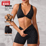 European and American leopard print yoga outfit for women, featuring a twisted cross-back sports bra and butt-lifting shorts fitness set