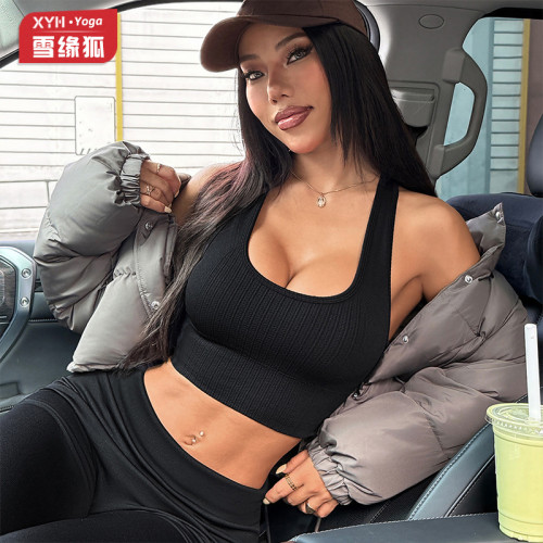 Cross-border ribbed sports yoga tank top for women with U-neck, breathable, suitable for outdoor running and fitness