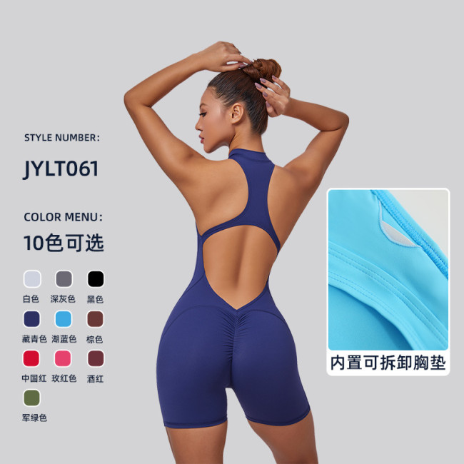 Short yoga jumpsuit with stand-up collar and zipper closure, European and American cross-border fitness wear, high elasticity, nude feel, solid color shapewear
