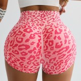 Cross-border Hot-Selling High-Waist Tummy-Control Leopard Print Yoga Shorts for Women, Butt-Lifting Tight-Fit Outdoor Running Peach Fitness Shorts